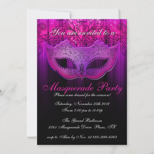 Maskerade Feest Viering Roze & Paarse Uitnodiging (Voorkant)