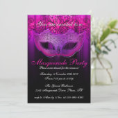 Maskerade Feest Viering Roze & Paarse Uitnodiging (Staand voorkant)