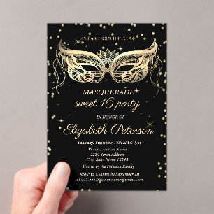Maskerade Goud Diamanten Zwart Sweet 16 Acryl Uitnodigingen