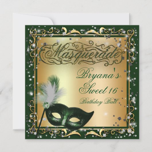 Maskerade Goud & Groen Verjaardagsfeest Kaart (Voorkant)