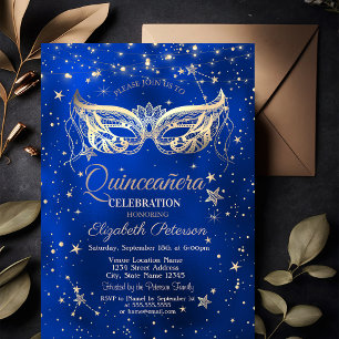 Maskerade, Gouden sterren Blauw Quinceañera Kaart