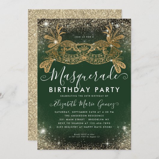 Maskerade Groen Goud Glitter Stof Verjaardagsfeest Kaart (Voorkant / Achterkant)