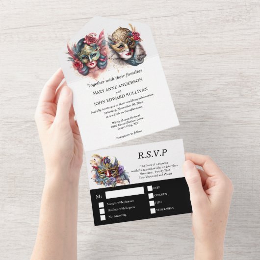 Maskerade-huwelijk | bruid bruidegom Venetiaanse m All In One Uitnodiging (Afscheurbaar)