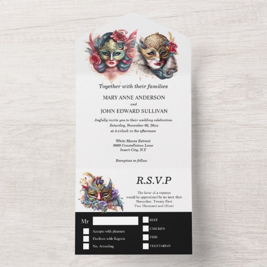 Maskerade-huwelijk | bruid bruidegom Venetiaanse m All In One Uitnodiging (Binnen)