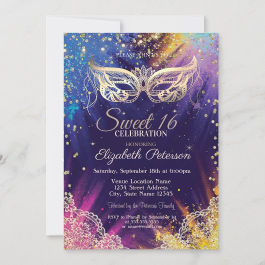 Maskerade, Kant, Verfspatten Sweet 16 Kaart (Voorkant)