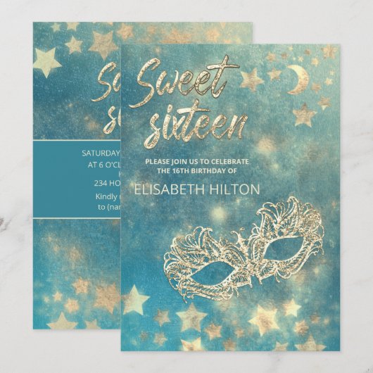 Maskerade maan & sterren kalligrafie sweet sixteen kaart (Voorkant / Achterkant)