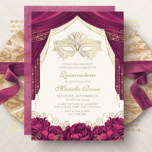 Maskerade Masker Bourgondië Modern Quinceanera Kaart