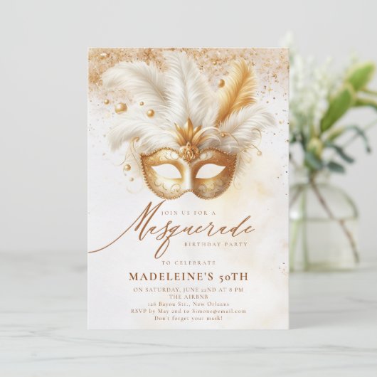 Maskerade Masker Goud Wit Dramatische 50ste Verjaa Kaart (Staand voorkant)