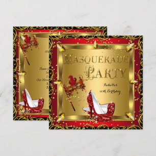 Maskerade Masker Hoge Hak Rood Goud Verjaardag 2 Kaart