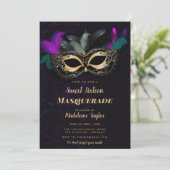 Maskerade Masker Hot Roze Goud Zwart Zoet 16 Party Kaart (Staand voorkant)