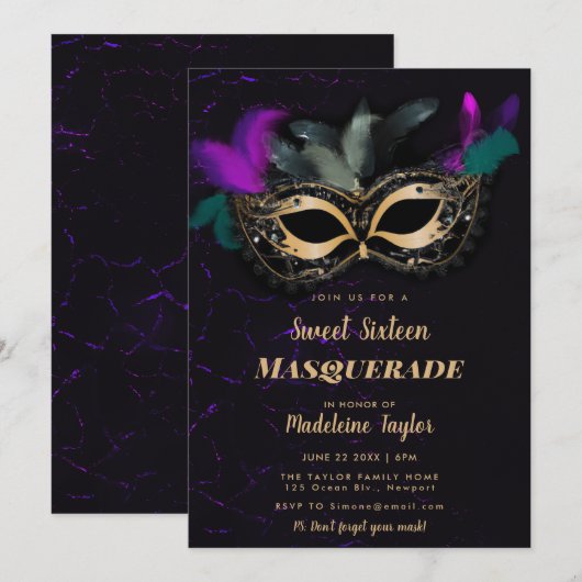 Maskerade Masker Hot Roze Goud Zwart Zoet 16 Party Kaart (Voorkant / Achterkant)