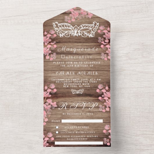 Maskerade Masker Kersenbloesem Hout Quinceanera All In One Uitnodiging (Binnen)