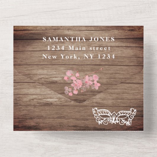 Maskerade Masker Kersenbloesem Hout Quinceanera All In One Uitnodiging (Achterkant)