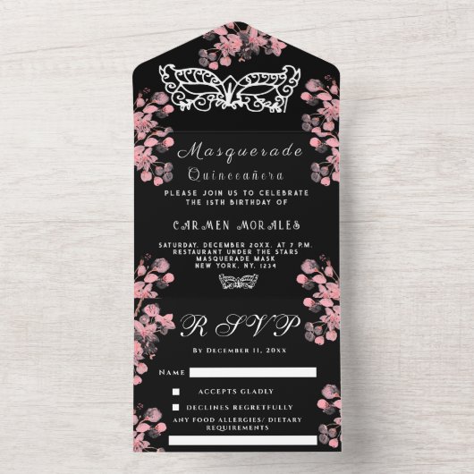Maskerade Masker Kersenbloesem Roze Quinceanera All In One Uitnodiging (Binnen)