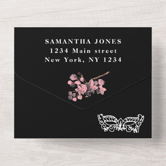 Maskerade Masker Kersenbloesem Roze Quinceanera All In One Uitnodiging (Achterkant)