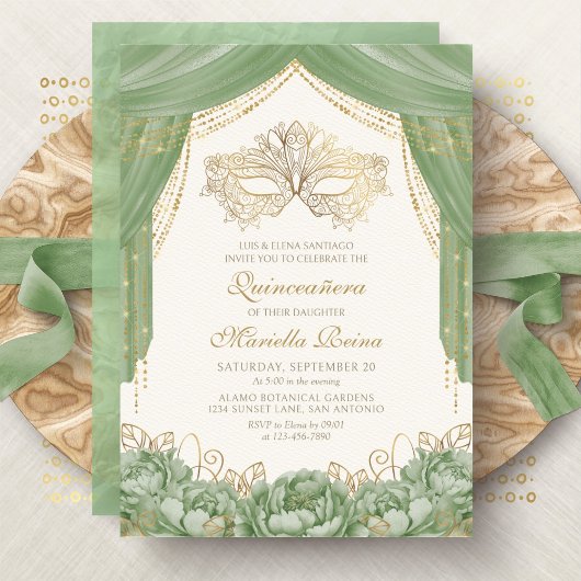 Maskerade Masker Modern Sage Green Quinceanera Kaart