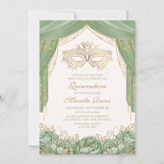 Maskerade Masker Moderne Sfeer Groen Quinceanera Kaart (Voorkant)
