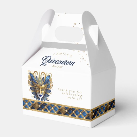 Maskerade Masker Motief Harlekijn Blauw Goud ID103 Bedankdoosjes (Voorkant Zijde)