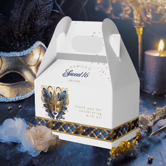 Maskerade Masker Motief Harlekijn Blauw Goud ID103 Bedankdoosjes