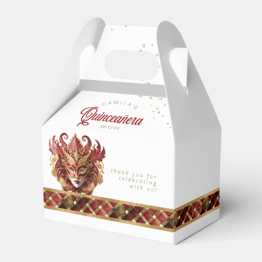 Maskerade Masker Motief Harlekijn Rood Goud ID1031 Bedankdoosjes (Voorkant Zijde)