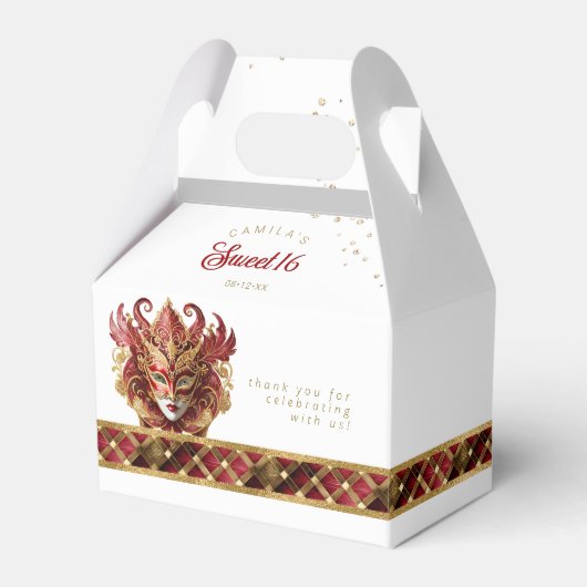 Maskerade Masker Motief Harlekijn Rood Goud ID1032 Bedankdoosjes (Voorkant Zijde)