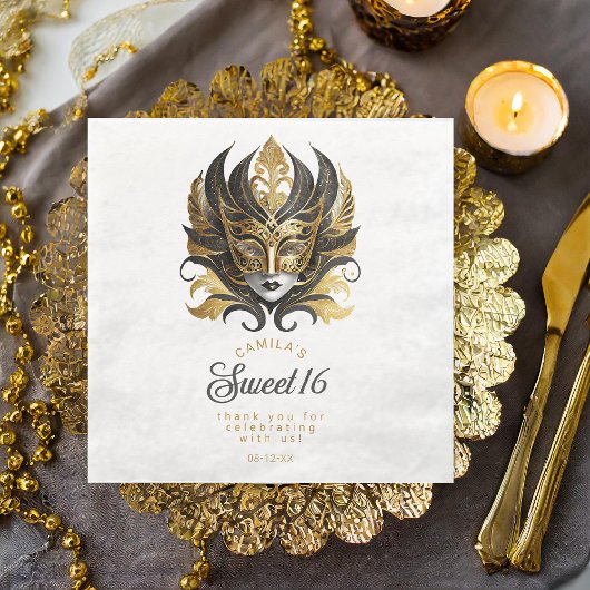 Maskerade Masker Motief Zwart Goud Wit ID1032 Servet