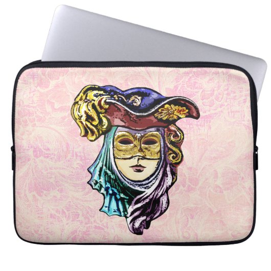Maskerade Masker op Dusty Pink Brocade Patroon Laptop Sleeve (Voorkant)