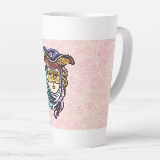 Maskerade Masker op Dusty Pink Brocade Patroon Latte Mok (Rechterhoek)