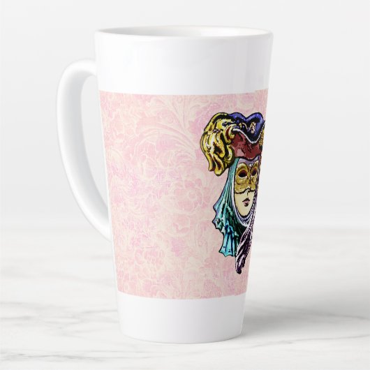 Maskerade Masker op Dusty Pink Brocade Patroon Latte Mok (Linkerhoek)