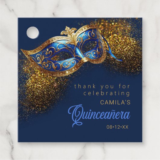 Maskerade Masker Quinceanera Blauw Goud ID1031 Bedankjes Labels (Voorkant)