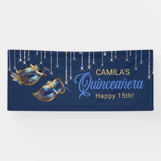 Maskerade Masker Quinceañera Blauw Goud ID1031 Spandoek (Horizontaal)