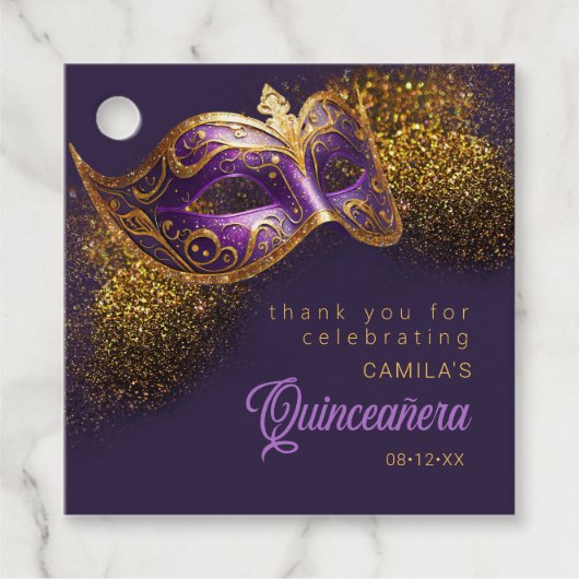 Maskerade Masker Quinceanera Paarse Gouden ID1031 Bedankjes Labels (Voorkant)