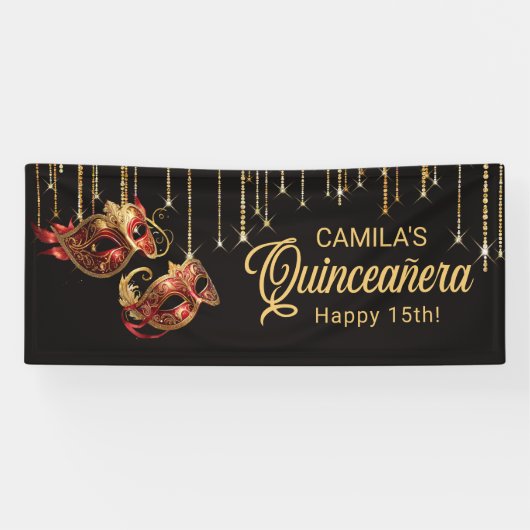 Maskerade Masker Quinceañera Rood Goud ID1031 Spandoek (Horizontaal)