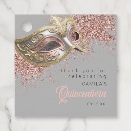 Maskerade Masker Quinceanera Roos Gold ID1031 Bedankjes Labels (Voorkant)