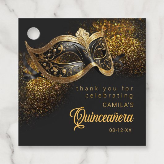 Maskerade Masker Quinceanera Zwart Goud ID1031 Bedankjes Labels (Voorkant)