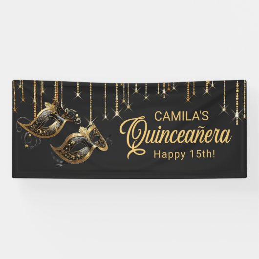 Maskerade Masker Quinceañera Zwart Goud ID1031 Spandoek (Horizontaal)