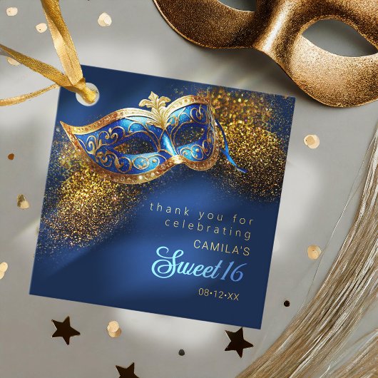 Maskerade Masker Sweet 16 Blauw Goud ID1032 Bedankjes Labels