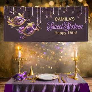 Maskerade Masker Sweet 16 Paarse Goud ID1032 Spandoek