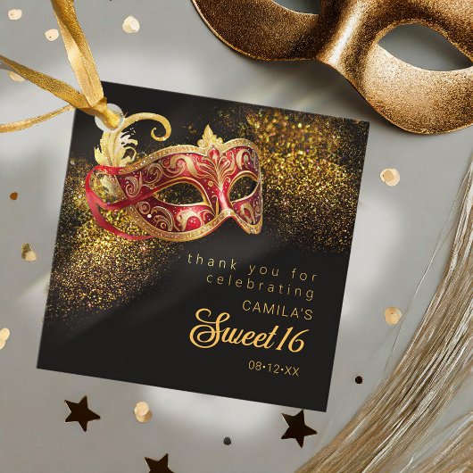 Maskerade Masker Sweet 16 Rood Goud ID1032 Bedankjes Labels