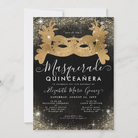 Maskerade Masker Zwart Goud Glitter Quinceanera Kaart (Voorkant)