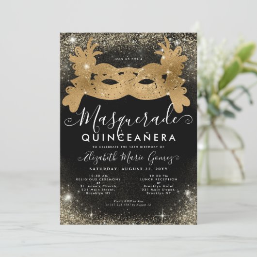 Maskerade Masker Zwart Goud Glitter Quinceanera Kaart (Staand voorkant)