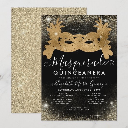 Maskerade Masker Zwart Goud Glitter Quinceanera Kaart (Voorkant / Achterkant)