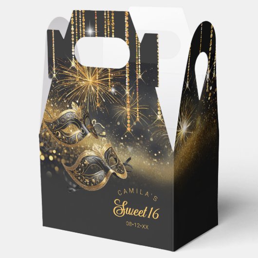 Maskerade Maskers Sweet Sixteen Zwart Goud ID1032 Bedankdoosjes (Geopend)