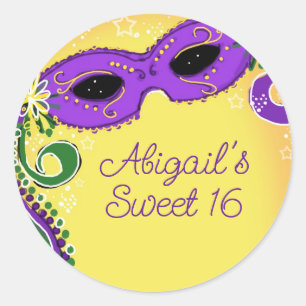 Maskerade Paarse en Gele Masker Sweet 16 Ronde Sticker