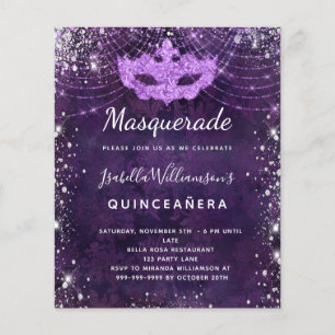 Maskerade paarse Quinceanera budget uitnodiging Flyer