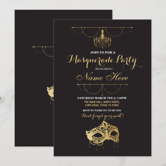 Maskerade Party Verjaardag Gold Mask Uitnodigen Kaart (Voorkant / Achterkant)