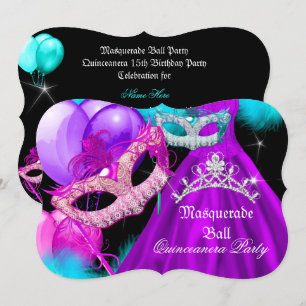 Maskerade Quinceanera 15 Feest Teal Paars Roze Kaart