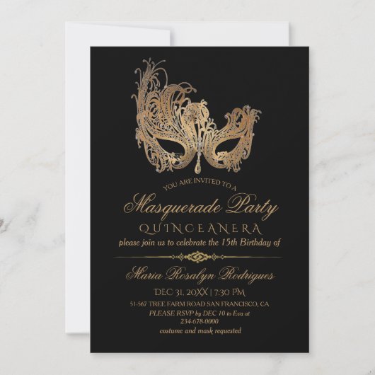 Maskerade Quinceanera Goud & Zwart Kaart (Voorkant)