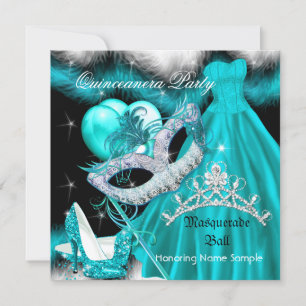 Maskerade Quinceanera Verjaardagsfeest Teal 3 Kaart