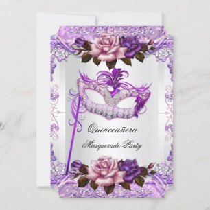 Maskerade Quinceanera Zilver Roze Paarse Roos Kaart